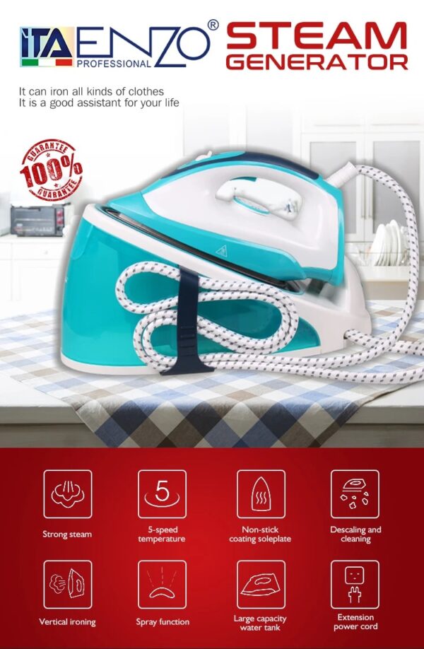 ENZO Fer à Repasser Professionnel Commercial 2200W avec Semelle Personnalisée, Vapeur Électrique Verticale Portative pour Vêtements