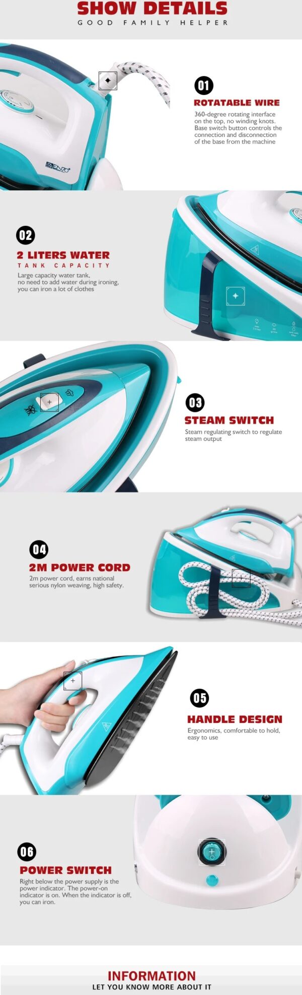 ENZO Fer à Repasser Professionnel Commercial 2200W avec Semelle Personnalisée, Vapeur Électrique Verticale Portative pour Vêtements