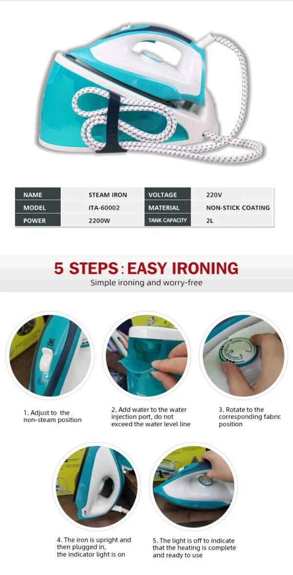 ENZO Fer à Repasser Professionnel Commercial 2200W avec Semelle Personnalisée, Vapeur Électrique Verticale Portative pour Vêtements