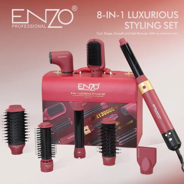 ENZO Brosse à air chaud 8 en 1, sèche-cheveux haute vitesse, brosse lissante professionnelle, fer à friser électrique, ensemble de fer à friser